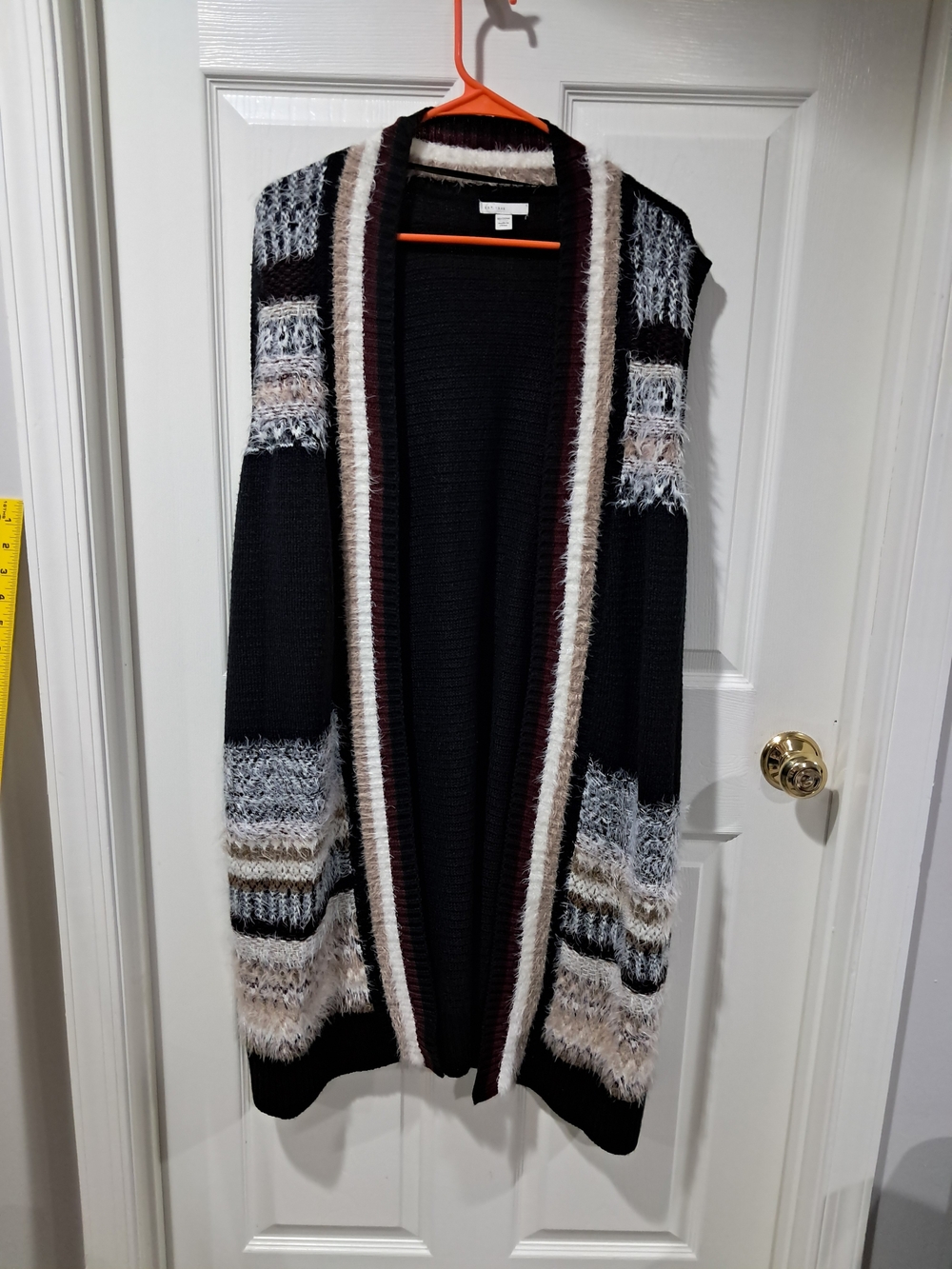 Cozy Open-Front Black & Neutral Stripe Women's Cardigan Sweater